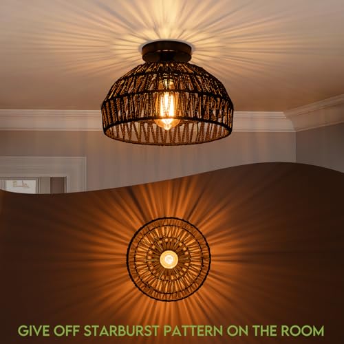 Black Rattan Ceiling Light Fixtures Boho Chandelier Small Woven Flush Ceiling Mount Lighting Fixture Close to Ceiling Light for Bedroom Kitchen Entryway Nursery Lights Hallway - color: Black