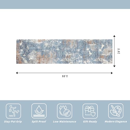 2x8 Washable Non-Slip Hallway Runner Rug – Modern Coastal Abstract Neutral Stain-Resistant Low-Pile Carpet Runner for Kitchen Entryway Bedroom Bathroom (Blue Rust,2x8) - color: Blue Rust, size: 2' x 8' (Rectangular)