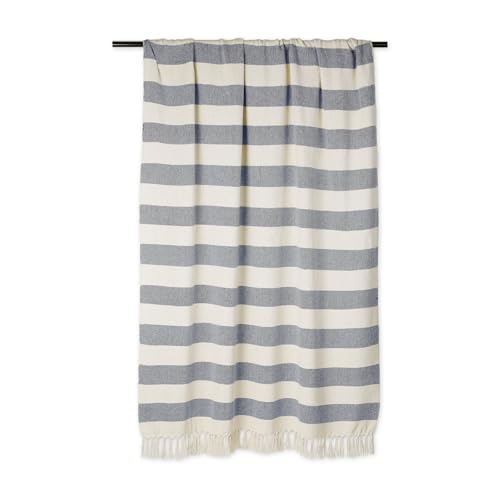 DII Rustic Farmhouse Cotton Cabana Striped Blanket Throw with Fringe, 50 x 60 - Cabana Striped Off-White with French Blue - color: Off-white With French Blue