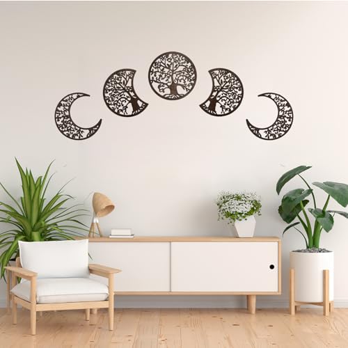 ASMANNA 5 Pcs Tree of Life Wall Art Moon Phase Wall Decor Wooden Wall Hanging Mandala Moon Decor Bohemian Lunar Aesthetic Art for Bedroom Living Room Dorm Apartment Office(Brown) - color: Brown2