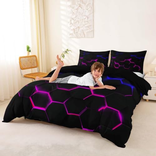 Castle Fairy 3D Honeycomb Duvet Cover Set Twin Size for Kids Hexagon Bedding Sets with with 1 Pillowcase, Pink Blue Neon Lights Print Comforter Cover Teen Boys Girls Bedroom Decor Bed Cover 2 Piece - color: Multi 01, size: Twin 68"x90"