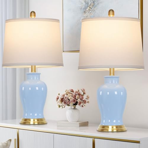 23" Modern Blue Ceramic Table Lamps Set of 2, Coastal Ceramic Lamps for Living Room, Classic Bedside Lamp with Ginger Jar Design, Elegant Bedroom Lamp for Night stand Desk Side End Table Home Decor - color: Blue