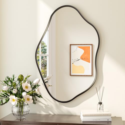 Keonjinn Black Irregular Mirrors for Wall 24" x 36" Inch, Asymmetrical Metal Frame, Tempered Glass Decorative Mirror for Bathroom, Bedroom, Living Room, Entryway(Horizontal/Vertical) - color: Black, size: 36"L x 24"W