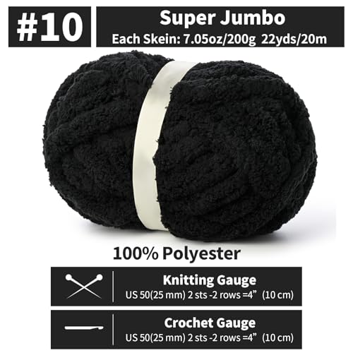 10 Pack Jumbo Chenille Yarn for Crocheting, #10 Super Bulky Baby Soft Yarn for Hand Knitting, 220 yds /70.5 oz Fluffy Chunky Knit Throw Blanket Yarn (Black) - color: Black