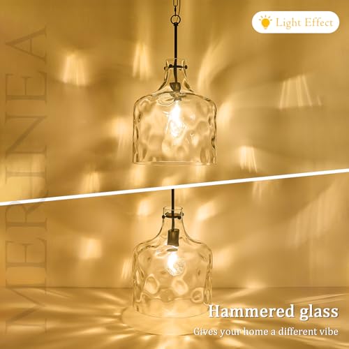 12" Farmhouse Pendant Light, Hand-Blown Clear Hammered Glass Hanging Ceiling Light Fixture with Black Finish and Adjustable Chain, Modern Rustic Lighting for Kitchen Island, Dining Room, E26 Socket - color: Chain Black