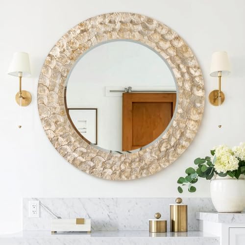Gold Capiz Shell Round Mirror, 36'' Coastal Large Gold Mirror with Natural Capiz Seashell Frame, Decorative Circle Wall Mirrors for Living Room Mantel Bathroom Entryway - color: Gold, size: 36"L x 36"W
