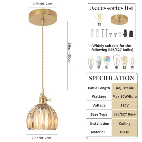 Amber Tulip Glass Pendant Light, 1 Natural Light Bulb Included, Adjustable Cord with Switch, Suitable for Kitchen Island/Dining Room - color: Amber 1pc Tulip Pendant Light