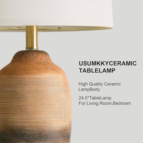 24.5" Handcrafted Ceramic Table Lamp with 5FT Cord, Single Farmhouse Vintage Rustic Bedside Lamp for Living Room Bedroom, Linen Shade Nightstand End Table Decor (Bulb Not Included)Earthy Yellow - color: 24.5" Earthy Yellow