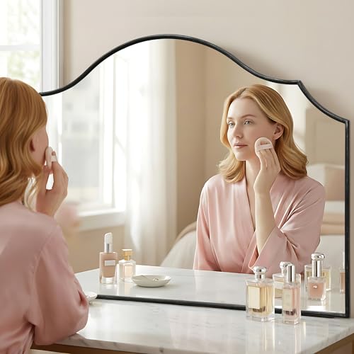 Besdomus Large Scalloped Black Mirror: 47"x31" Modern Minimalist Wood Frame Wall Mirror - Decorative Arched Fireplace for Bedroom/Bathroom/Dresser/Entryway/Mantle/Living Room - Stylish Home Decor - color: Black, size: 31"L x 47"W