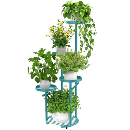 TOSKING 5-Tier Metal Plant Stand, Anti-Tip Round Base for Pots, Child & Pet Friendly, Space Saving Corner Shelf Flower Pot for Indoor Outdoor Use, Living Room Balcony Garden Patio Bedroom (Blue, 38in) - color: Blue, size: 5tier Rd Base
