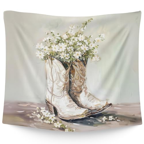 WAITPI Boho Western Cowgirl Hanging Wall Tapestry for Bedroom, Boho Western Floral Cowgirl Boots Girly Wall Hanging Decor Tapestry for Girls Room Dorm Apartment, 50x60in