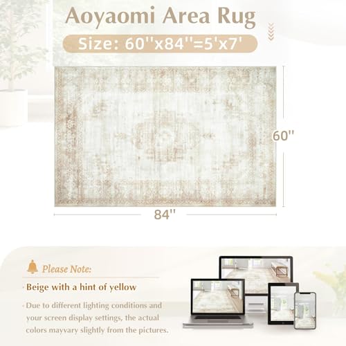 Aoyaomi Vintage Living Room Area Rug - 5x7 Large Machine Washable Boho Moroccan Distressed Farmhouse Rugs for Bedroom - Soft Non-Slip Indoor Floor Accent Rugs for Office Dining Room (Beige, 5' x 7') - color: Beige, size: 5' X 7' (Rectangular)