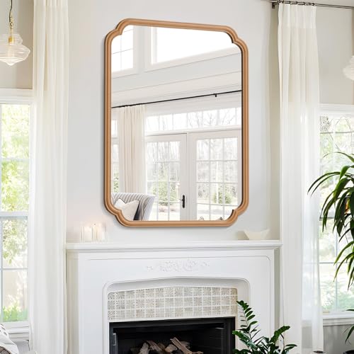 Ferytange Wood Bathroom Mirror for Over Sink, 30" x 40" Modern Rounded Corner Rectangle Wall Mirror for Bathroom Vanity Decorative with Rustic Wooden Framed (Horizontal/Vertical) - color: Natural Wood, size: 40"L x 30"W