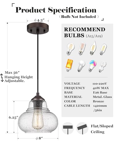 ELYONA 2 Pack Bubble Glass Pendant Lights, 8 Inch Vintage Hanging Lamp Seeded Glass Industrial Pendant Light Fixtures for Kitchen Island, Farmhouse, Bar, Bathroom, Dining Room, Oil Rubbed Bronze - color: Bronze-2 Pack