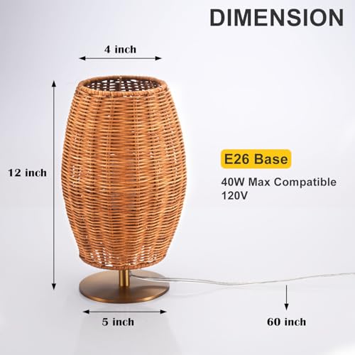 Boho Style Rattan Table Lamp,Dimmable Bamboo Desk Lamp,Timer Build in,Oven Brown Rattan - color: Timer