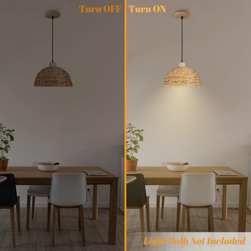 12" Boho Rattan Pendant Lights 1-Light Hand Woven Pendant Light Wicker Light Fixtures Ceiling Hanging for Kitchen Island Bedroom, Living Dining Room,Foyer