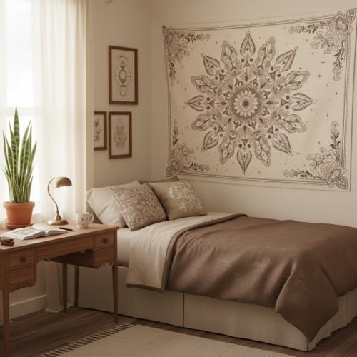Motanber Floral Mandala Tapestry Wall Hanging Boho Beige Tapestry Aesthetic Bohemian Flower Cute Small Tapestries for Bedroom Living Room Dorm Wall Decor 48 x 36 Inch - color: Beige White, size: 48"L x 36"W
