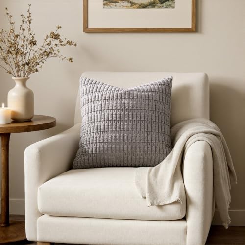 MIULEE Pack of 2 Corduroy Decorative Throw Pillow Covers 12x12 Inch Soft Boho Striped Pillow Covers Modern Farmhouse Home Decor for Sofa Living Room Couch Bed Light Grey - color: Light Grey, size: 12" x 12" (Pack of 2)