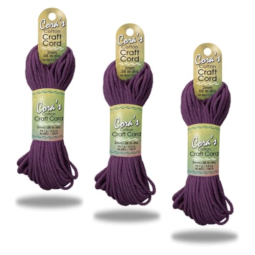 Cora's Cotton Macrame Cord | 2mm x 100ft 3-Pack | Braided Cotton Cord for Macrame | Macrame, DIY Crafts, Plant Hangers, Wall Hanging, Crochet | Durable, Long Lasting, Vibrant (Plum) - color: Plum