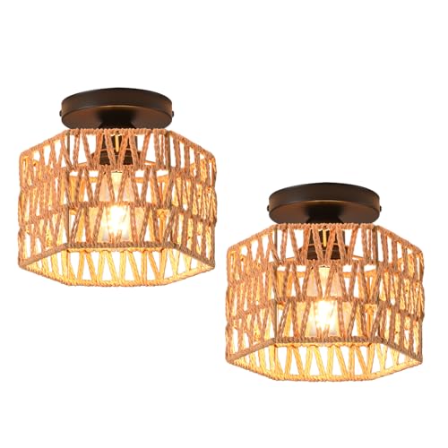Hand-Woven Rattan Flush Mount Ceiling Light,Farmhouse Light Fixtures Ceiling Mount Boho for Hallway Bedroom Kitchen Entryway Living Room - color: Hexagon 2 Pack