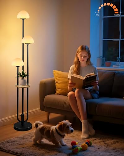 Black Dimmable Floor Lamp with Table, Modern Floor Lamps with Mushroom Shades for Living Room, 3000K Warm White Tall Standing Lamp with Bulbs& 5Lbs Heavy Base for Bedroom/Office - color: 3 Mushroom-Black