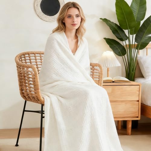 EMME Cotton Muslin Throw Blanket for Couch Breathable Gauze Soft Lightweight Blankets for Adults (50"x60") - color: 04 - White, size: Throw (50" x 60")