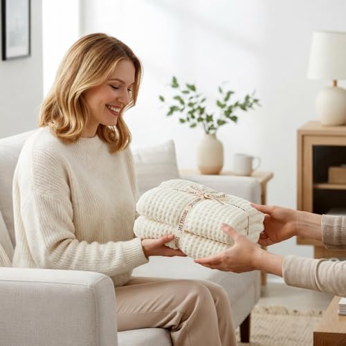 Snuggle Sac Cream Waffle Throw Blanket for Couch Bed Sofa 60x80 inches, Reversible Cream Blanket Microfiber Fluffy Fuzzy Cozy Knit Twin Blanket for Women Mothers Birthday Gifts - color: Waffle Cream, size: Twin(60"x80")