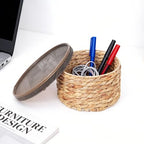 Small Water Hyacinth Storage Basket with Wooden Lid, 7.45" D x 4.1" H Handwoven Round Organizer for Bathroom Vanity, Desk Drawer & Countertop (Small) - size: Small