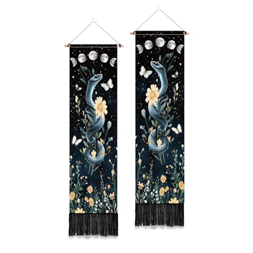 PLIGREAT 2 Pack Snake Wall Tapestry, 52" x 13" Moon Phase Vertical Tapestry with Tassel Aesthetic Floral Plants Wall Hanging Mystical Long Narrow Decor for Bedroom Living Room Home Decor - color: black,yellow