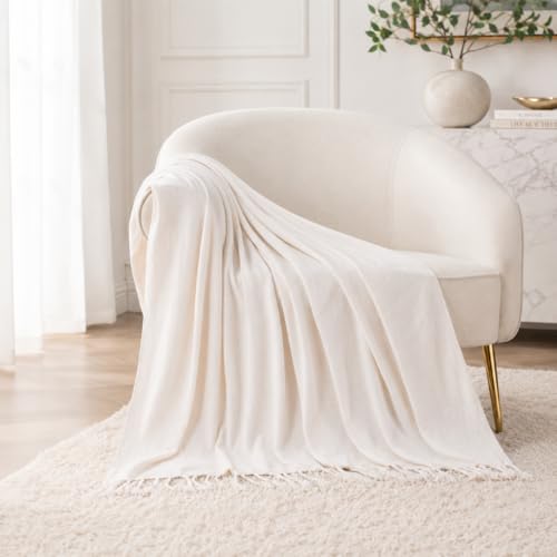 BATTILO HOME Cream White Chenille Throw Blanket for Couch, Soft Cozy Textured Knit Throw Blanket with Handmade Fringe Tassels, Lightweight Decorative Farmhouse Blanket for Sofa Bed Chair, 50"x60" - color: Cream White
