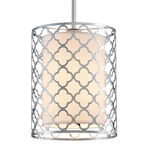 Shrine Lighting Drum Light Fixtures, Perfect Drum Pendant Light for Dining Room, Kitchen, D7'' x H9'', Adjustable Rob 11.8''~23.6'', E26*1 Sockets, Beige Linen Fabric Lampshade & Silver Mesh Cover - color: Silver&Pendant D7''