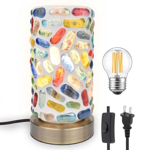 Handmade Turkish Mosaic Table Lamp, Cylinder Stained Pebbles Glass Pieces Nightlight with Antique Brass Base, Colorful Boho Accent Lamp for Bedroom, Living Room, Meditation Decor, LED Bulb Included - color: Pebble