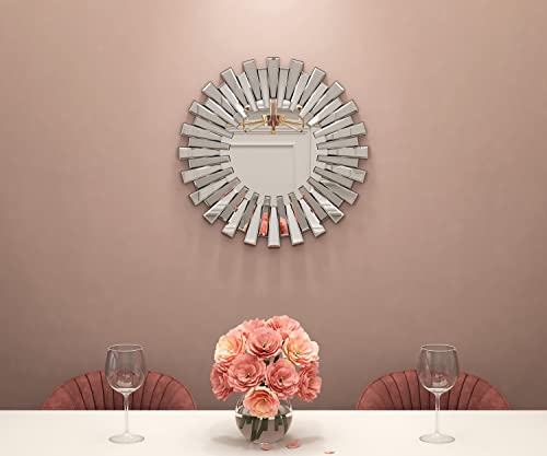 SHYFOY 24 inch Decorative Wall Mirrors, Round Mirror for Wall Decor, Sunburst Modern Silver Decor, Wall-Mounted Hanging Accents Mirror for Living Room Bathroom Bedroom Fireplace - size: 24"L x 24"W