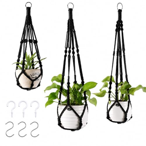 3-Pack Macrame Plant Hanger Indoor - Hanging Planter Basket for Indoor Outdoor - Decorative Boho Plant Holders Set with Beads - Ceiling Flower Pot Holder with 6 Hooks - 35"/30"/24" Black - color: Black