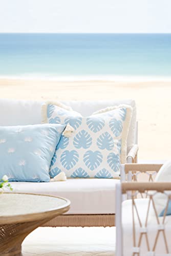 Hofdeco Premium Coastal Hampton Style Patio Indoor Outdoor Pillow Cover Only, 20"x20" Water Resistant for Backyard, Couch, Baby Blue Monstera Leaf Fringe - color: Baby Blue Monstera Leaf, size: 20" x 20" (Pack of 1)