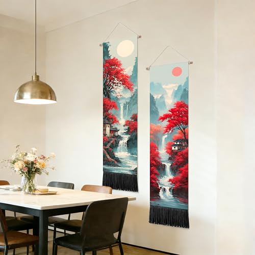 seewan 2 Pack Long Vertical Wall Tapestry, Boho Nature Landscape & Floral Aesthetic Wall Hanging for Bedroom Living Room Home Decor, Long Narrow Art Tapestry with Sunrise Mountain Botanical Designs, 13" × 51" (Crimson Forest Vista, 13"Wx51"H, Unframed) -