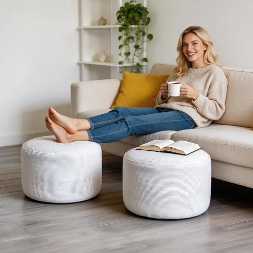 2PCS 20 * 20 * 12inch Unstuffed Ottoman Pouf Cover Unfillable Pouf Cover Foot Rest with Storage Corduroy Round Foot Stool Covers for Living Room Bedroom Home Decor,White - color: White