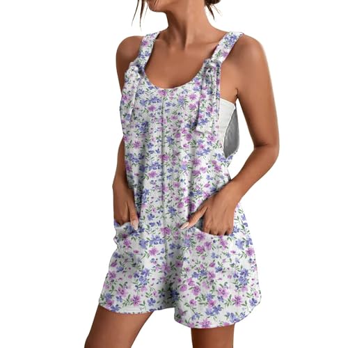 LOAIHA Boho Jumpsuit for Women Sleeveless Adjustable Strap Overalls Boho Floral Short Pants Plus Size Rompers With Pockets - color: Boho A1, size: Large