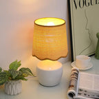 Boho Rattan Ceramic Table Lamp,Small White Ceramic Bedroom Bedside Nightstand Lamp with Rustic Woven Shade,Small Coastal Desk Lamps for Living Room End Table Kids Room