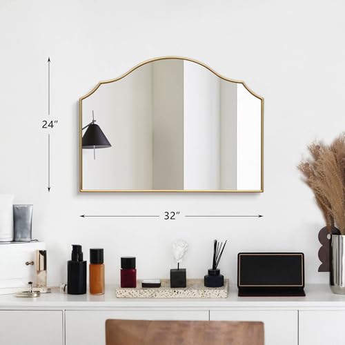 Besdomus Gold Scalloped Mirror for Vanity: 32"x24" Modern Minimalist Wooden Bathroom Mirror - Decorative Dresser Wall for Mantel/Bedroom/Entryway/Hallway - Ideal for 20-55 Age Fashion Women - color: Gold Leaf, size: 24"L x 32"W