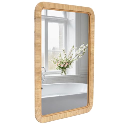 FUIN 20" x 30" Rattan Wicker Rectangle Wall Mounted Bathroom Mirror for Coastal Boho Nursery Decor, Natural - color: Rattan, size: 30"L x 20"W