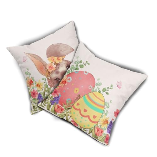 Happy Easter Pillow Covers 16x16 Inches Easter Bunny Rabbit Throw Pillow Case Set of 2 Colorful Eggs Pillow Cover Cotton Linen Spring Floral Cushion Cover for Home Couch Sofa Bedroom Livingroom - color: Easter Bunny231123, size: 16" x 16" (Pack of 2)