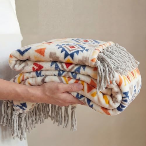 CASAAGUSTO Boho Throw Blanket with Tassel, Farmhouse Western Flannel Bohemian Blanket, Vintage Native Mexican Decorative Throw, Ideal for Gifting (50x60 Inches, Colorful) - color: Colorful, size: 50X60