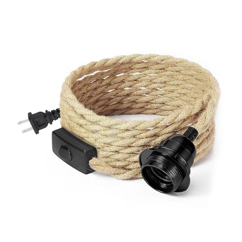 Vintage Plug in Pendant Light with Hemp Rope Cord 16.4 ft, 1-Light Hanging Light Cord Kit with On/Off Switch Farmhouse Black E26 Lamp Socket - color: 1-Pack 1-Light Hemp Rope Black