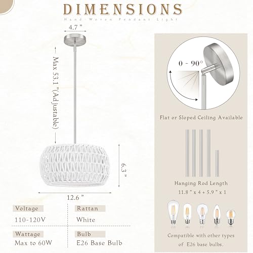 12.6 inch White Rattan Light Fixture Rattan Farmhouse Light Fixture Hand-Woven Pendant Lights Fabric Shade Boho Chandelier for Kitchen Dinning Room (Bulb Incl.) - color: 12.6"-White-Drum