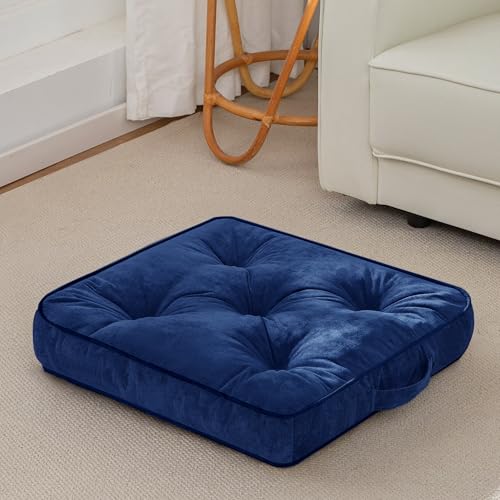 HIGOGOGO Large Floor Pillow Cushion for Adults, Meditation Cushion Pillow with Handle, Lustrous Chenille Tufted, Square Floor Sitting for Tatami Living Room or Yoga, 22x22 Inch, Navy - color: Square Navy, size: 4" Thick(Pack of 1)