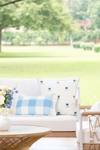 Hofdeco Premium Coastal Patio Indoor Outdoor Throw Pillow Cover Only, 20"x20" Water Repellent for Backyard, Couch, Baby Blue Green Embroidered Tulips Floral with Piping - color: Baby Blue Green Tulips Floral 20”x20”, size: 20" x 20" (Pack of 1)