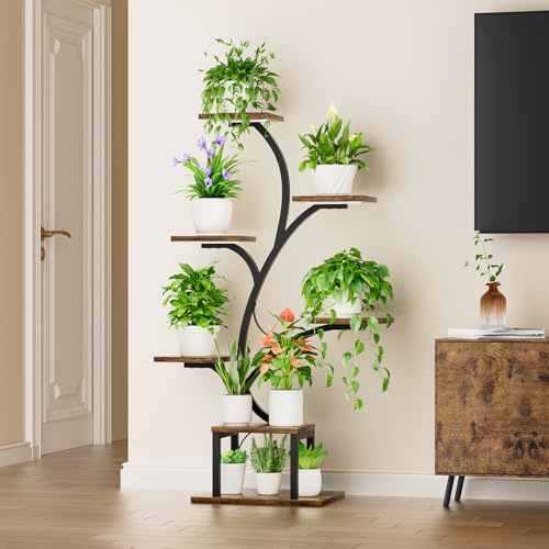 BACEKOLL Plant Stand Indoor with Grow Lights, 7 Tiered Indoor Plant Shelf, 49" Corner Plant Stands for Indoor Plants, Metal Plant Flower Display Shelf, Tree-Shaped Plant Rack for Home, Patio, Brown