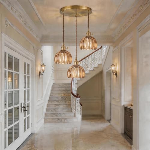 Amber Tulip Glass Pendant Light, 3 Natural Light Bulbs Included, Adjustable Cord with Switch, Suitable for Kitchen Island/Dining Room - color: Amber 3pcsTulip Pendant Light