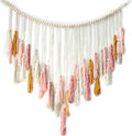 Decocove Macrame Wall Hanging - Large Macrame Wall Hanging with Wood Beads - Bohemian Wall Decor for Bedroom, Living Room and Kitchen - Pink and Gold- 35'' x 36''